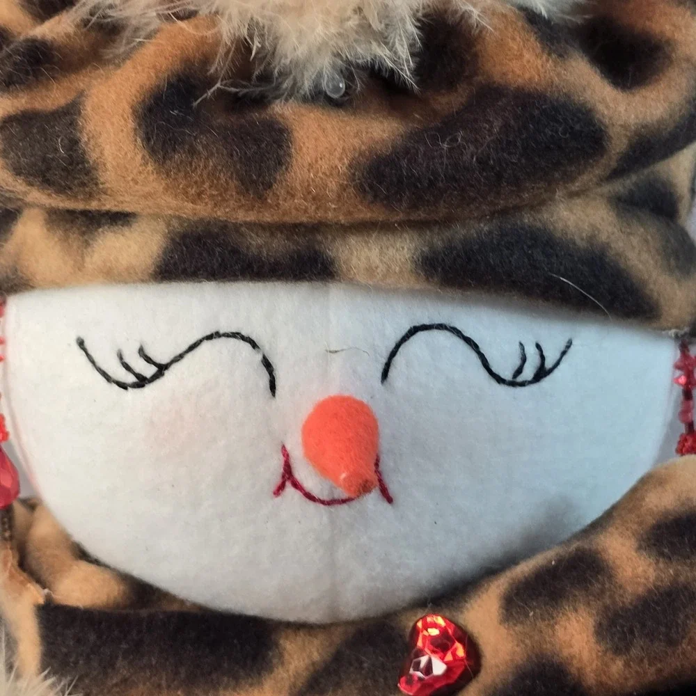 2 Snowman Couple Plushies W/ Leopard Print Scarf Hat Gloves Christmas Winter
